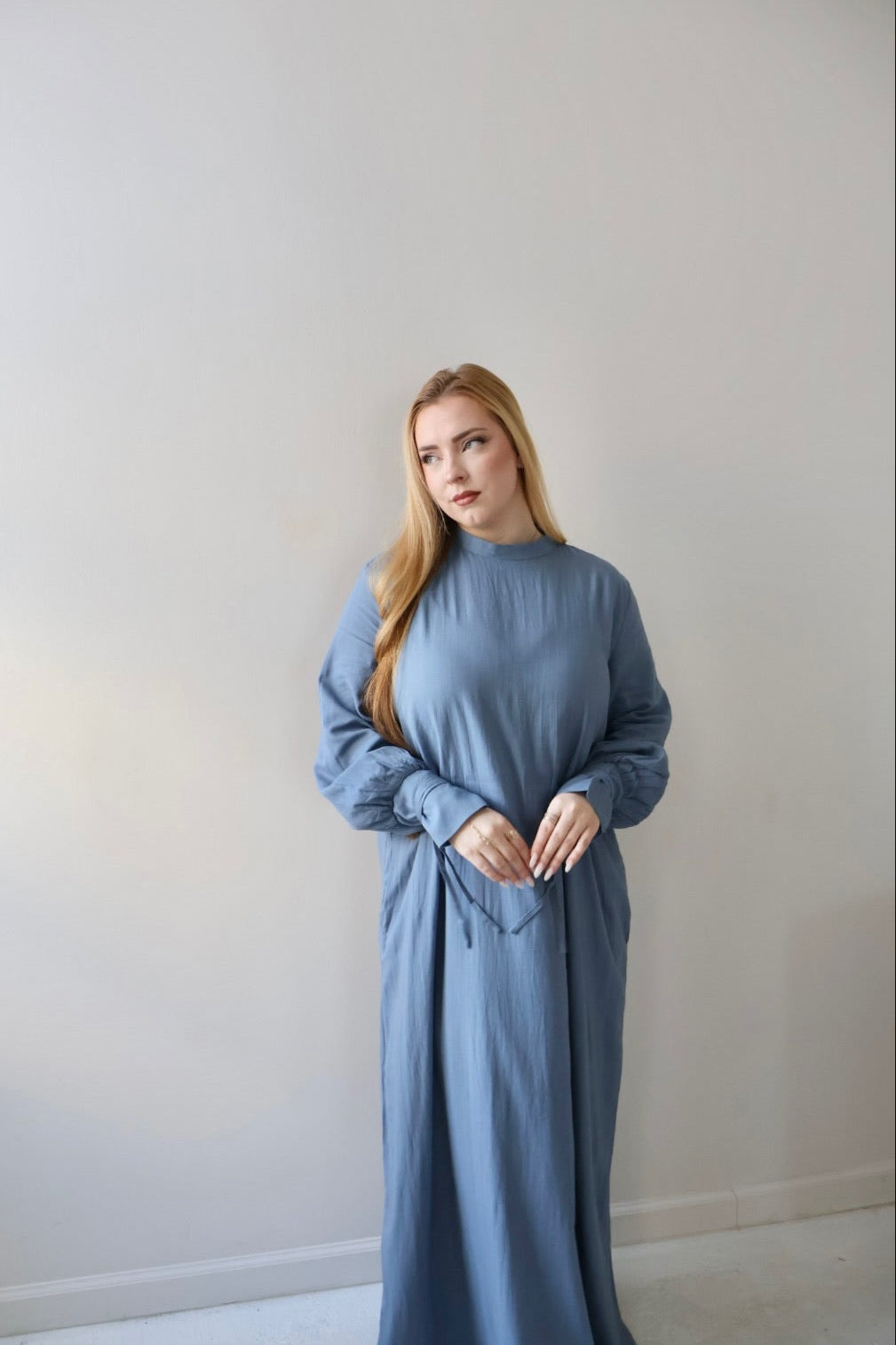 Linen Blend Abaya | Denim Tasneem The Label Linen Blend Abaya | Denim Tasneem The Label